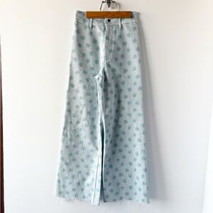 Zara Marine Straight High Rise Jeans Blue Floral 2